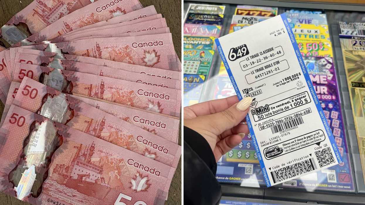 De l'argent canadien. Droite : un billet de loterie.