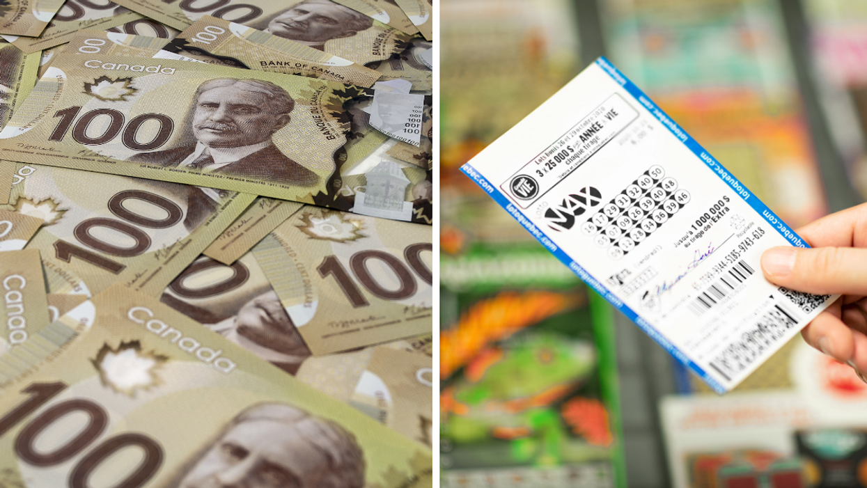 De l'argent canadien. Droite : Un billet de Lotto Max.
