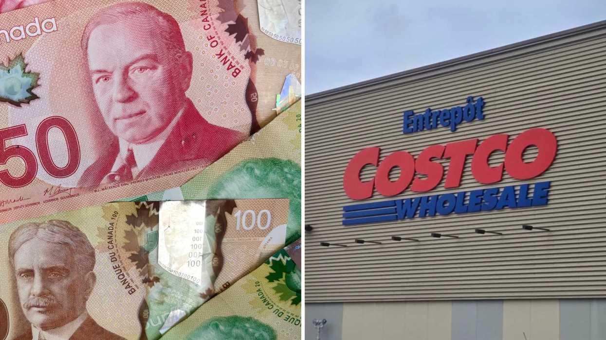 De l'argent canadien. Droite : un Costco.