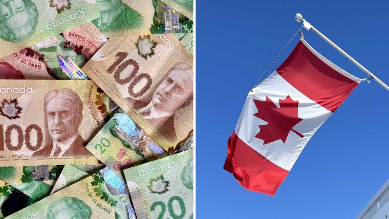 De l'argent canadien. Droite : un drapeau du Canada.