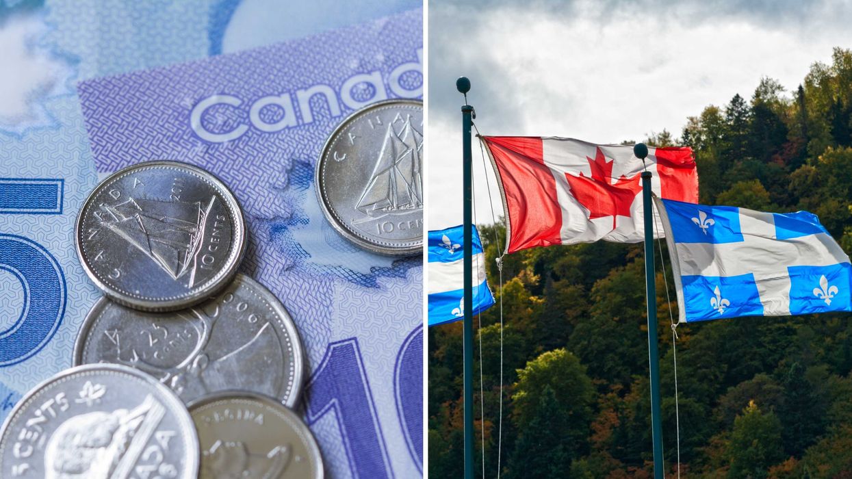 De l'argent canadien. Droite : un drapeau du Québec et du Canada.