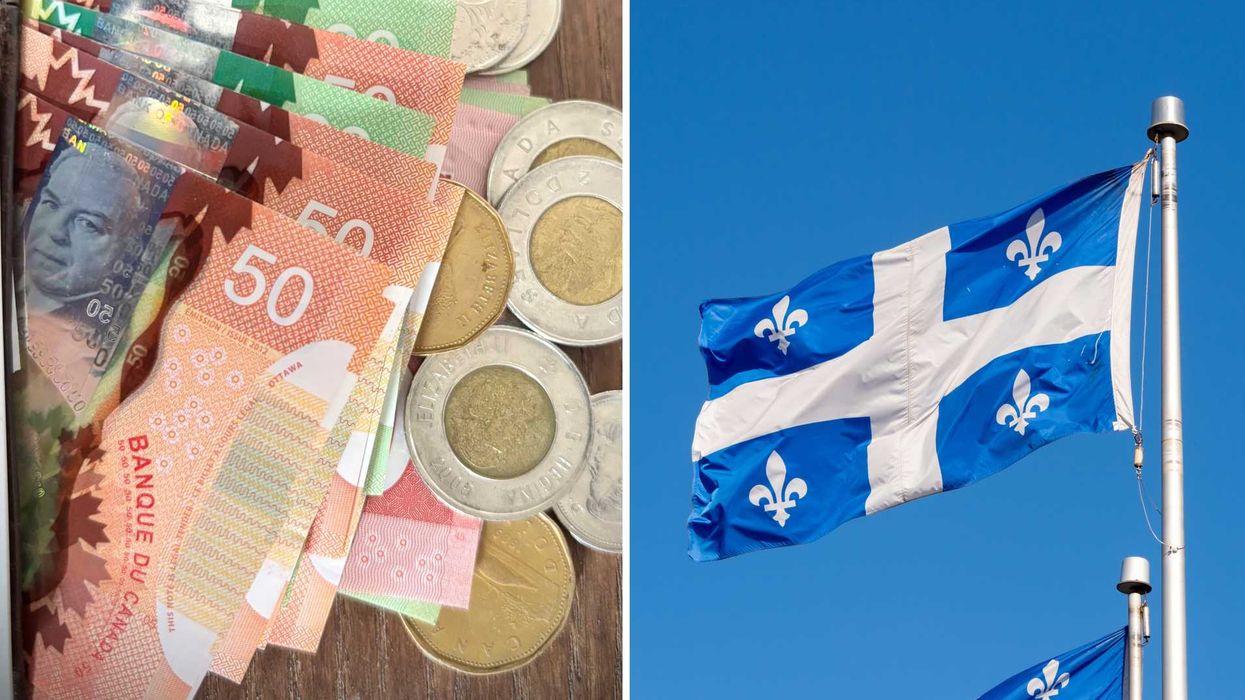 De l'argent canadien. Droite : un drapeau du Québec