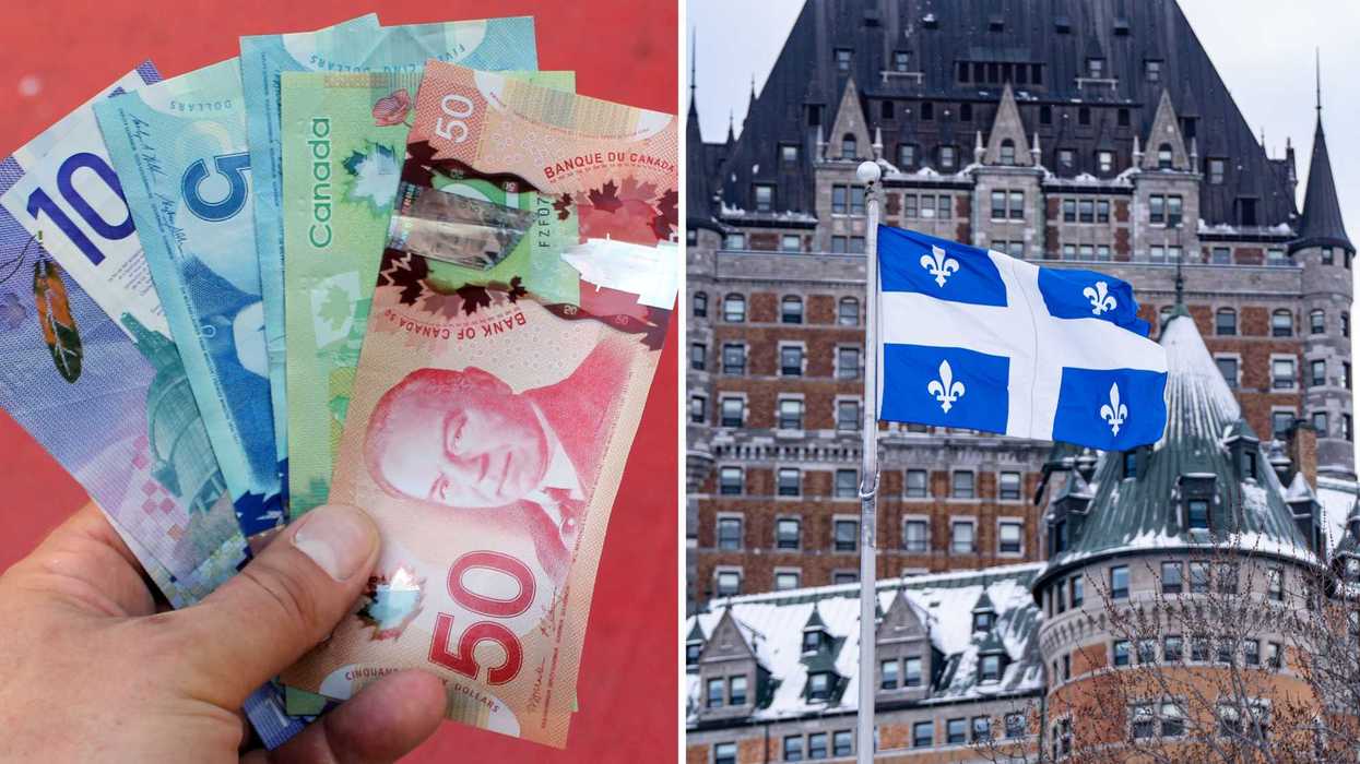 De l'argent canadien. Droite : un drapeau du Québec.