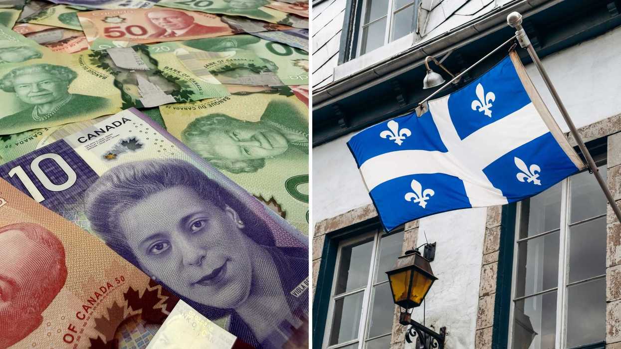 De l'argent canadien. Droite : un drapeau du Québec