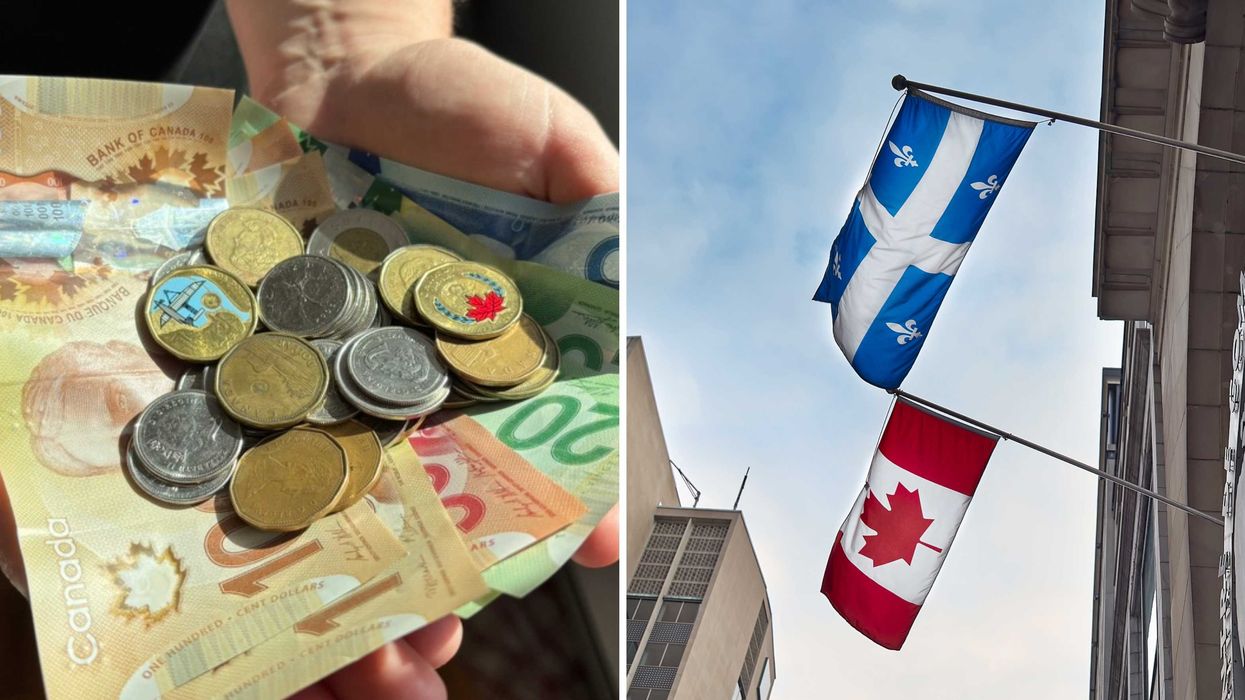 De l'argent canadien. Droite : un drapeau québécois et canadien.