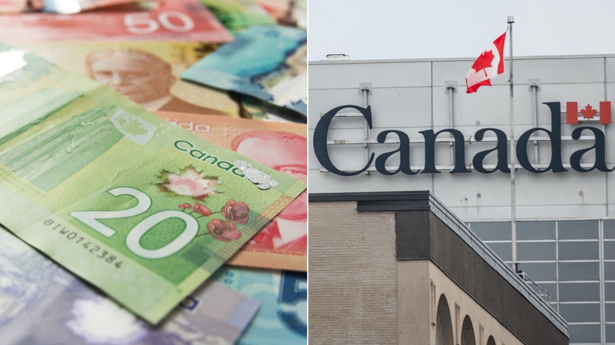 De l'argent canadien. Droite : Un édifice fédéral.