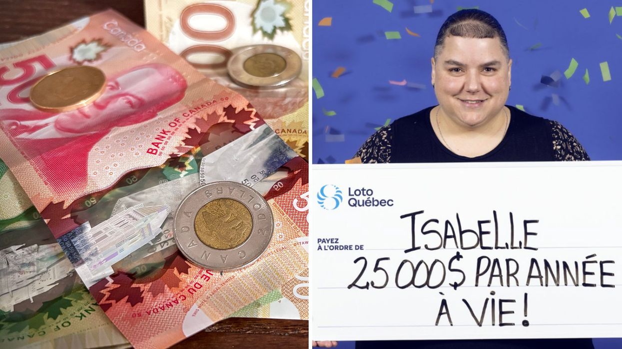 De l'argent canadien. Droite : une gagnante de Loto-Québec.