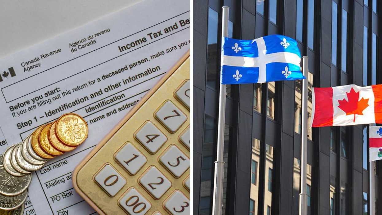 De l'argent canadien, une calculatrice et un document fiscal canadien. Droite : un drapeau du Canada et du Québec.