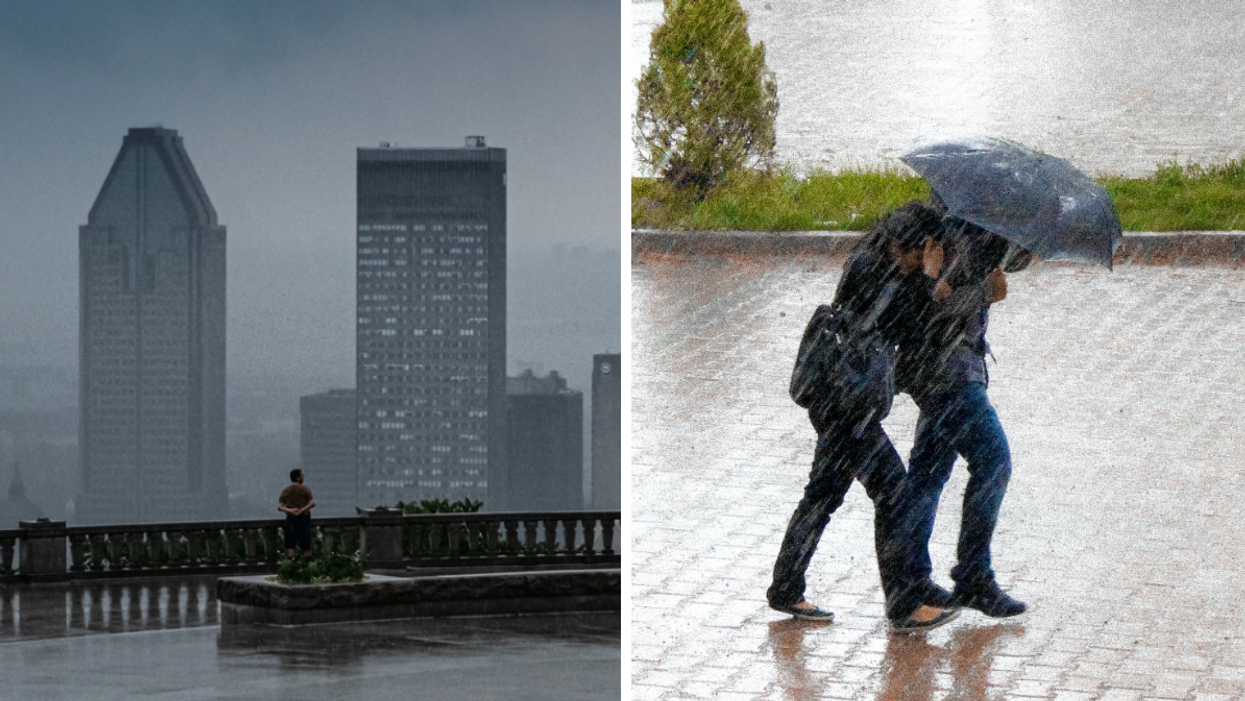 De la pluie au belvédère Mont-Royal. Droite : Deux personnes marchent sous un parapluie.