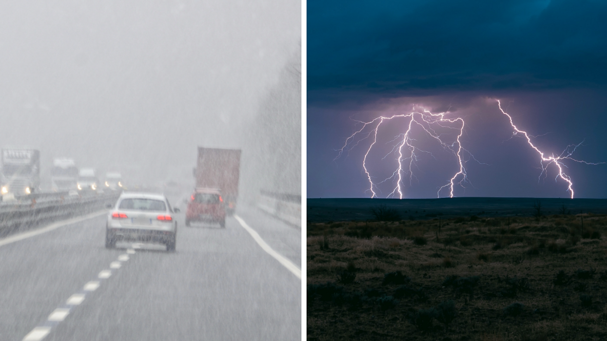 De la pluie sur la route. Droite : De l'orage.