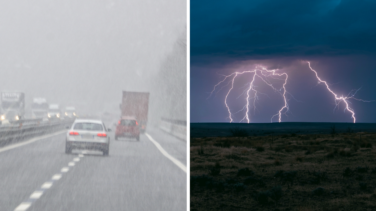 ​De la pluie sur la route. Droite : De l'orage.