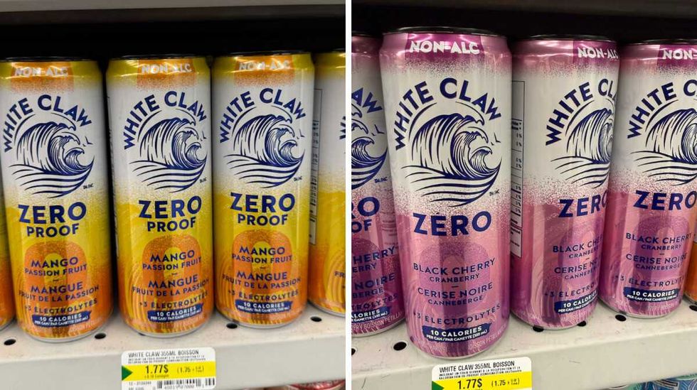De la White Claw Zero Mango Passion Fruit. Droite : De la White Claw Zero Cerise Noire.
