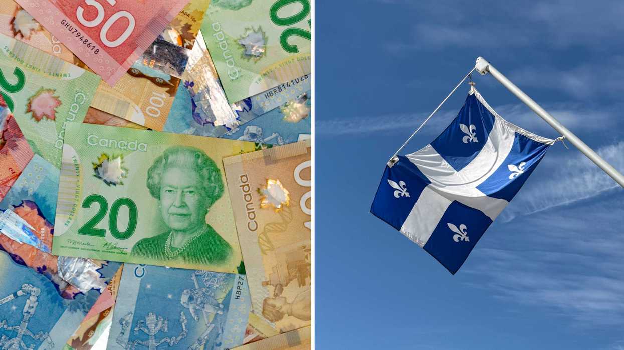 De l’argent canadien. Droite : un drapeau du Québec.