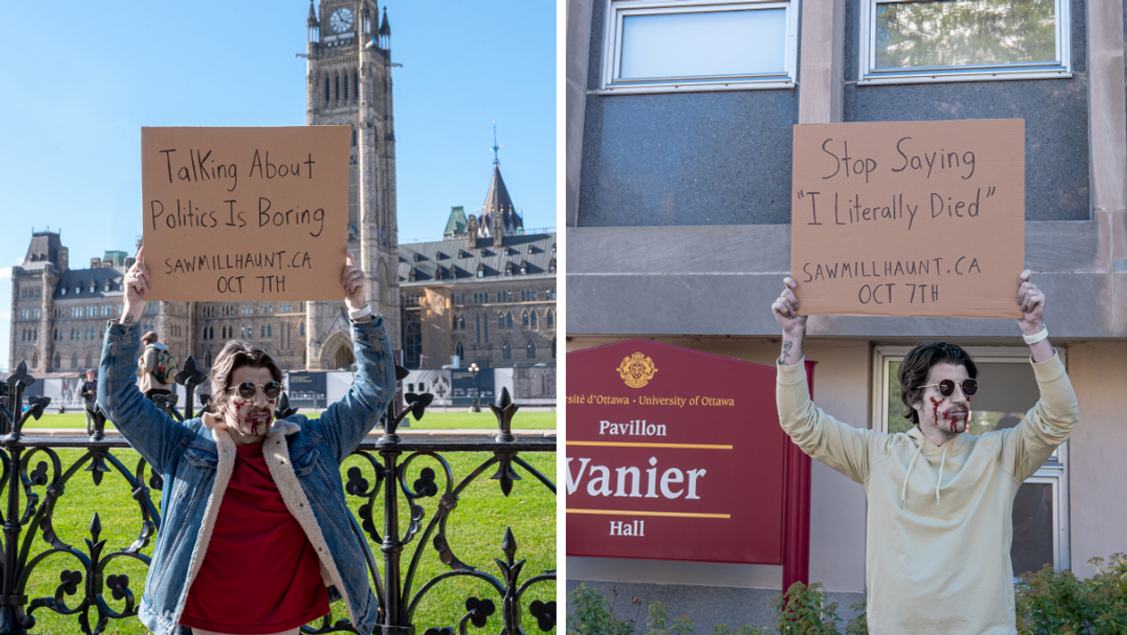 'Dead with sign' in front of Parliament. Right: Zombie 'dude with sign' in Ottawa.