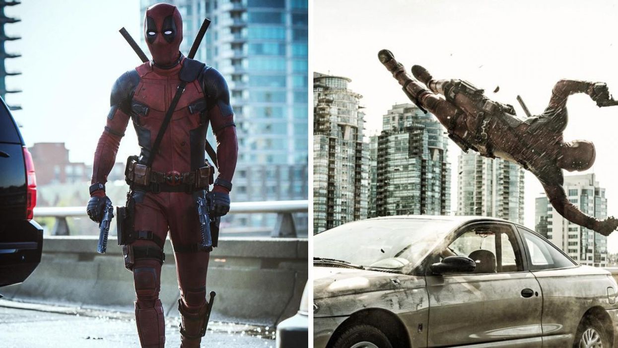 Deadpool walking on Vancouver's Georgia Viaduct. Right: Deadpool flying over a car on Vancouver's Georgia Viaduct.