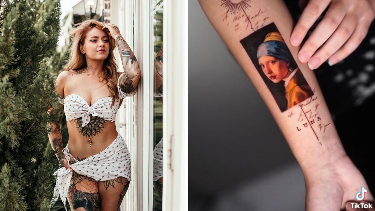 Deanna James. Right: A tattoo done by James.