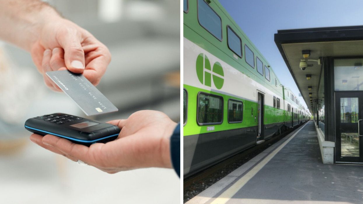 Debit card being tapped. Right: Go Train station. 