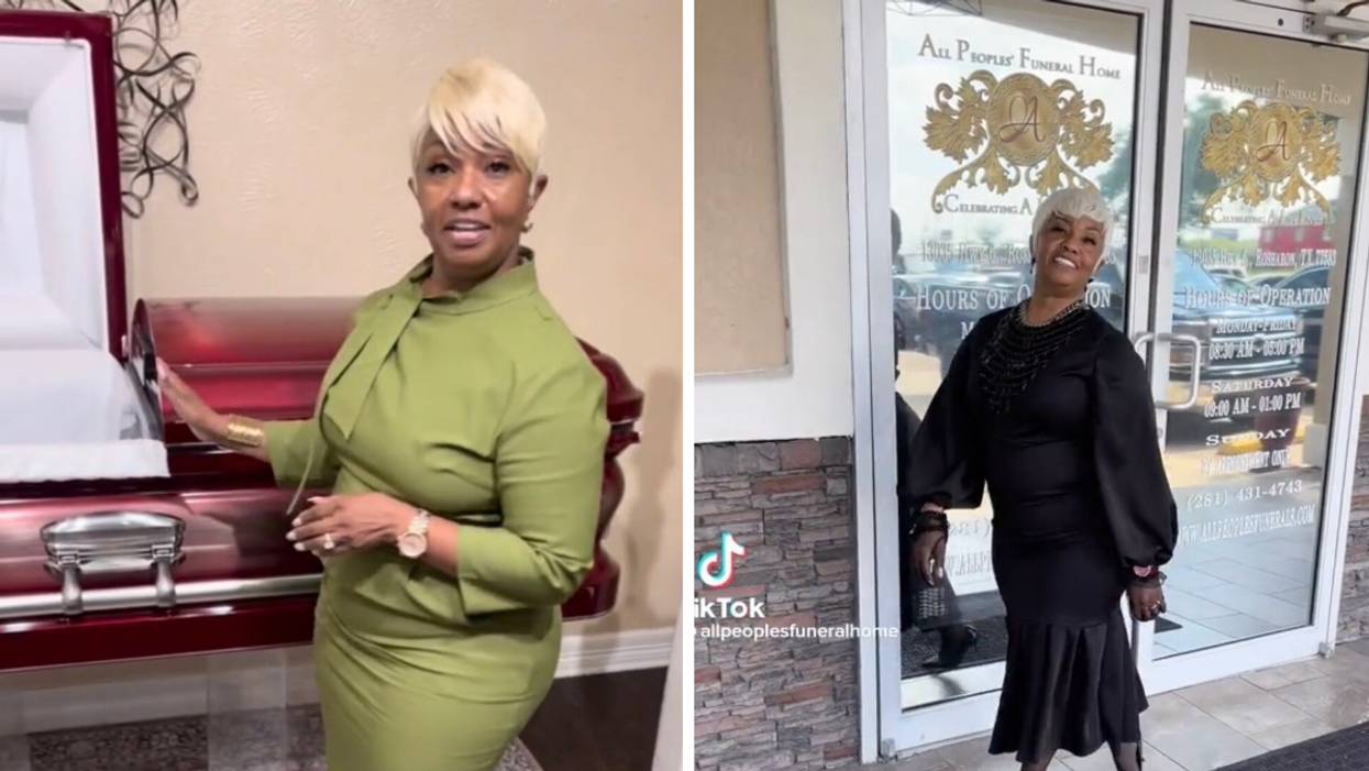 Deborah Ali-Williams in front of an empty casket. Right: Williams outside of All People's Funeral Home in Houston, TX.