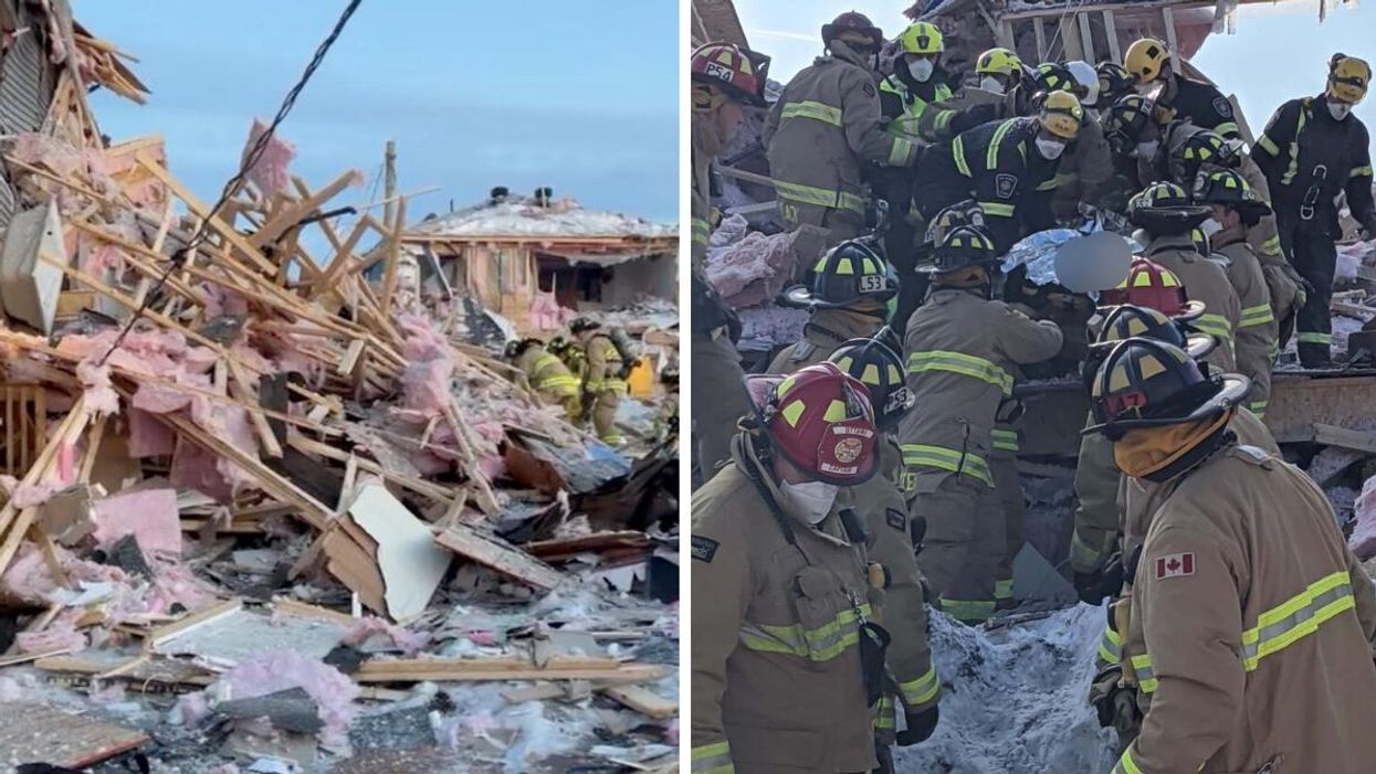 Debris left behind after a home explosion in Ottawa, Ontario. Right: Someone being rescued from the wreckage.