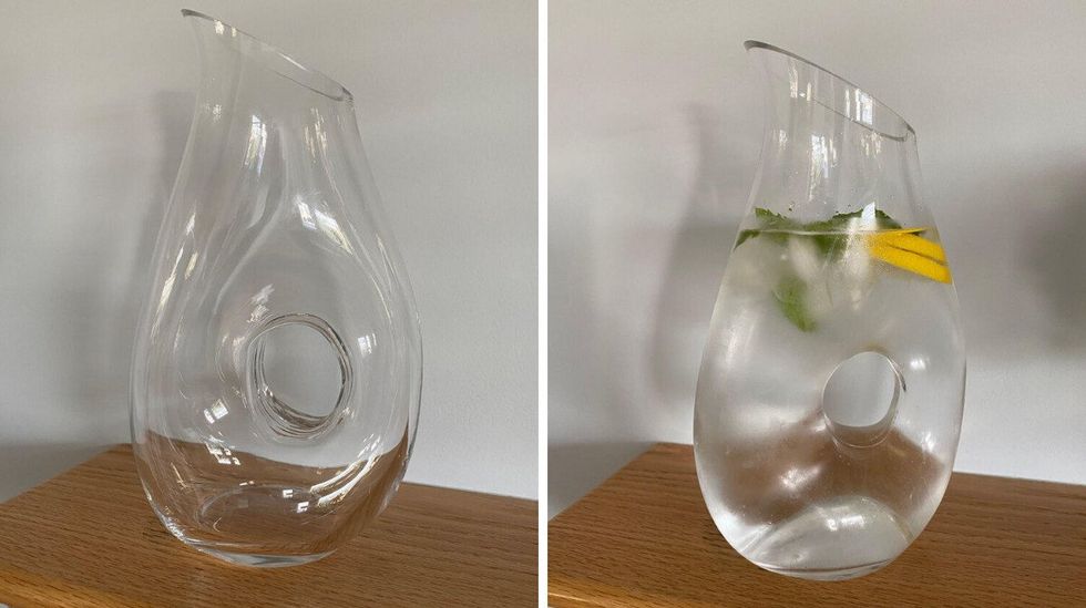 Decanter. Right: Decanter filled with water, lemons and mint.