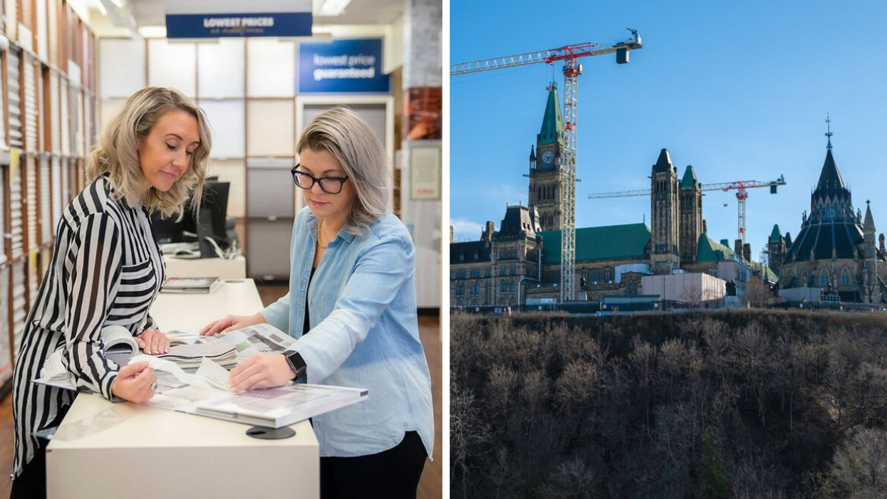 Decorating advisors at work. Right: Parliament Hill with construction cranes.