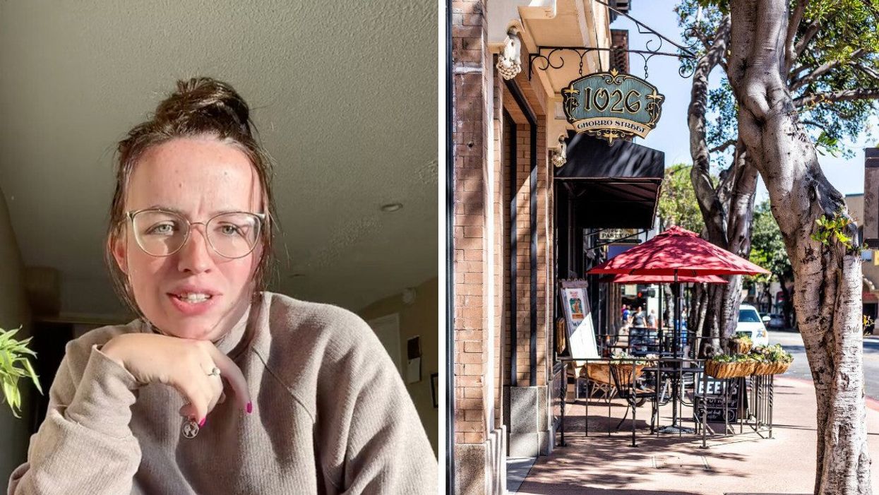 Deirdre in her TikTok video, revealing a hack for getting higher tips. Right: A restaurant in California.