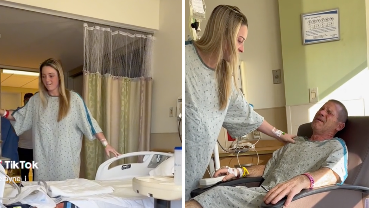 Delayne in her TikTok video. Right: Delayne and her dad when he found out she was his donor.