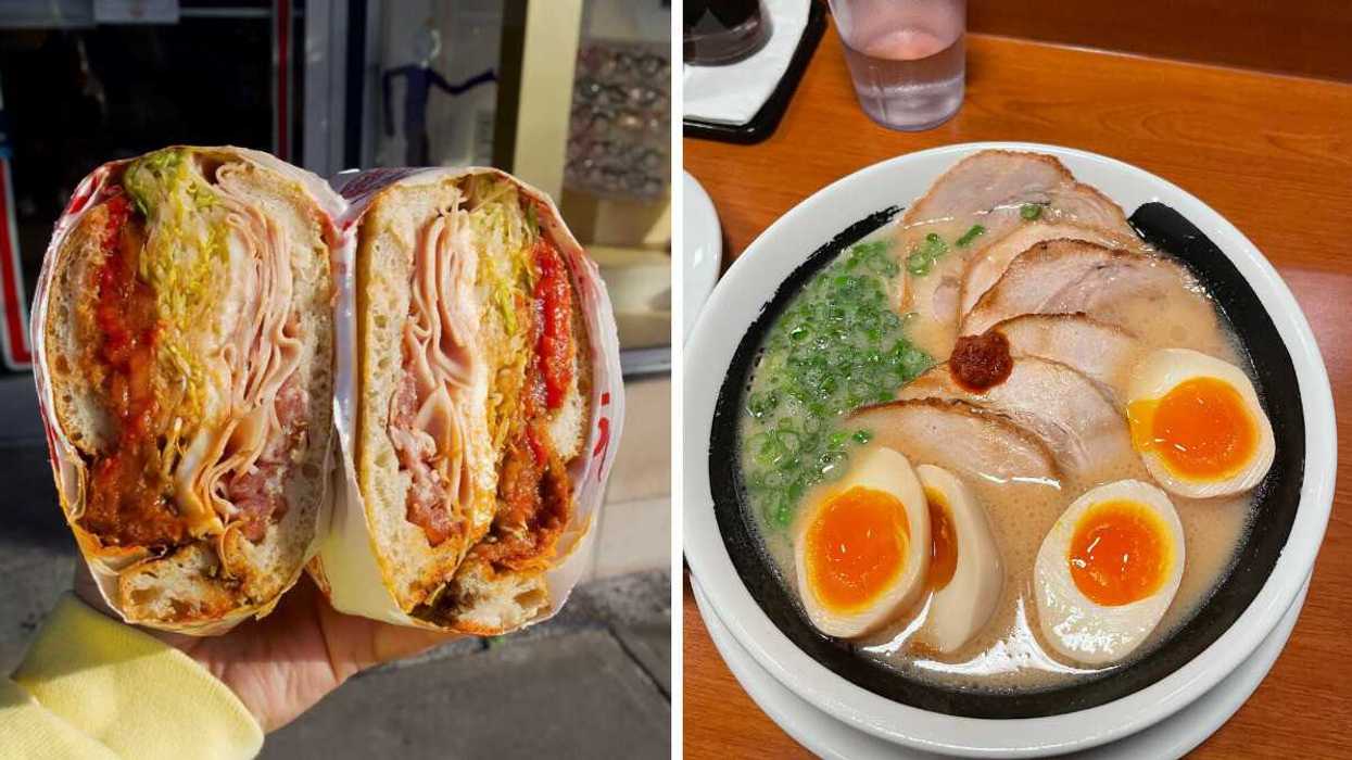 Deli sandwich open. Right: Ramen with eggs.