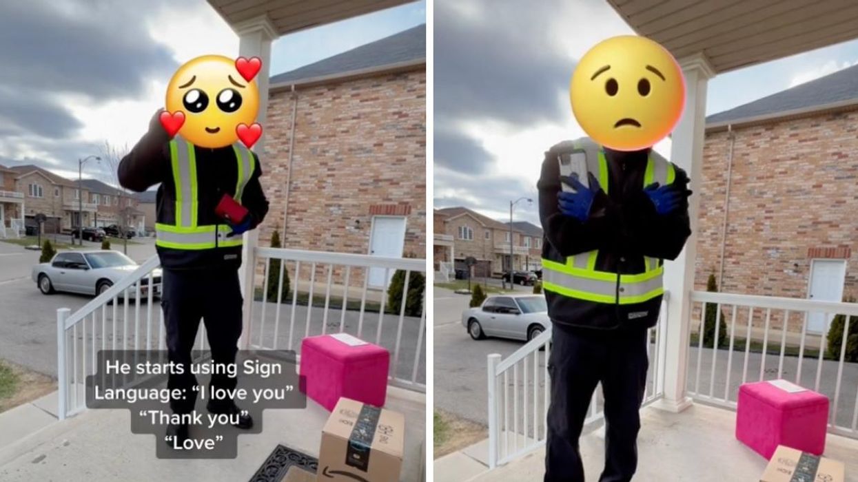 Delivery driver waves to the camera and signs "love."