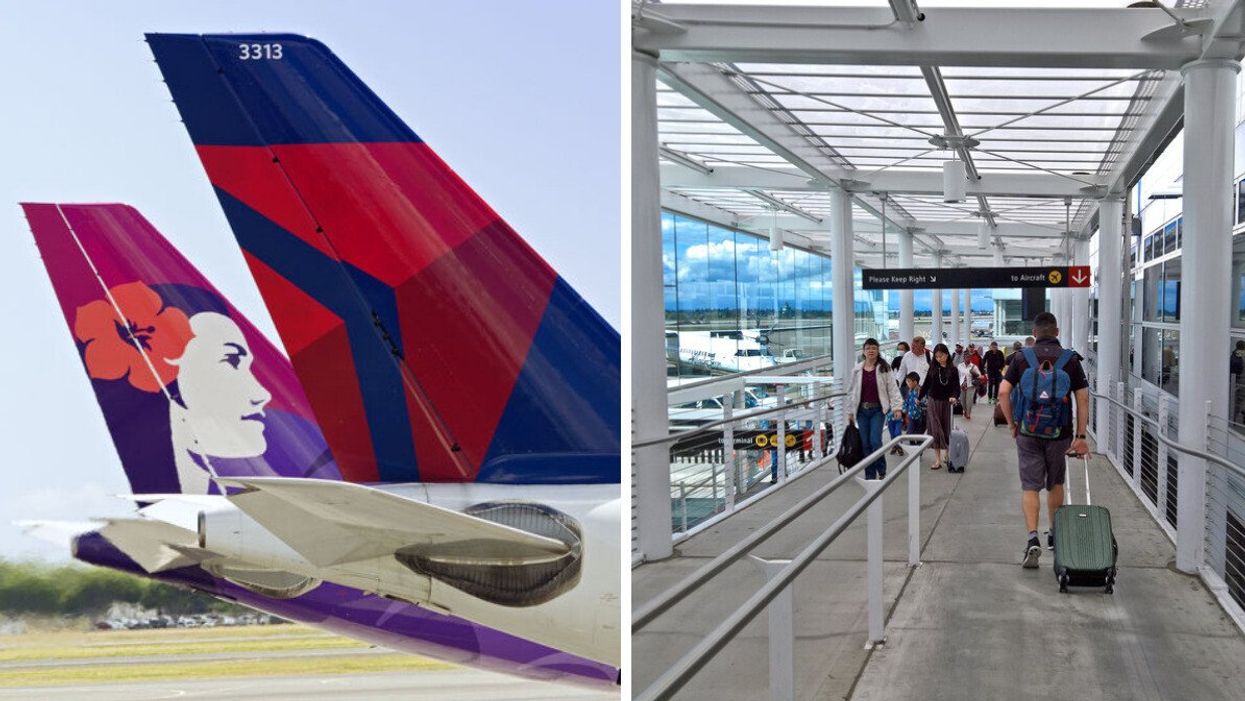 Delta and Hawaiian Airlines planes. Right: Travelers walking inside an airport.