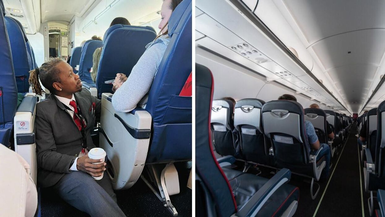 Delta's flight attendant Floyd Dean-Shannon helping a scared passenger. Right: Inside a plane.