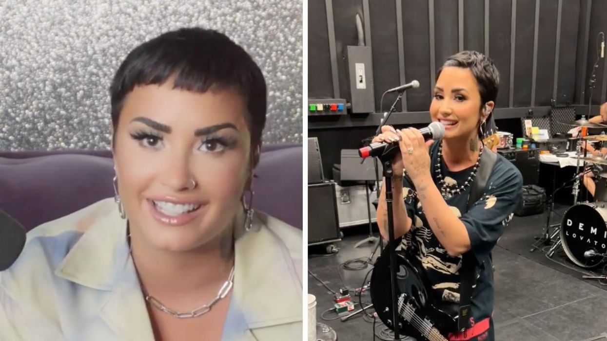 Demi Lovato. Right: Demi Lovato singing.