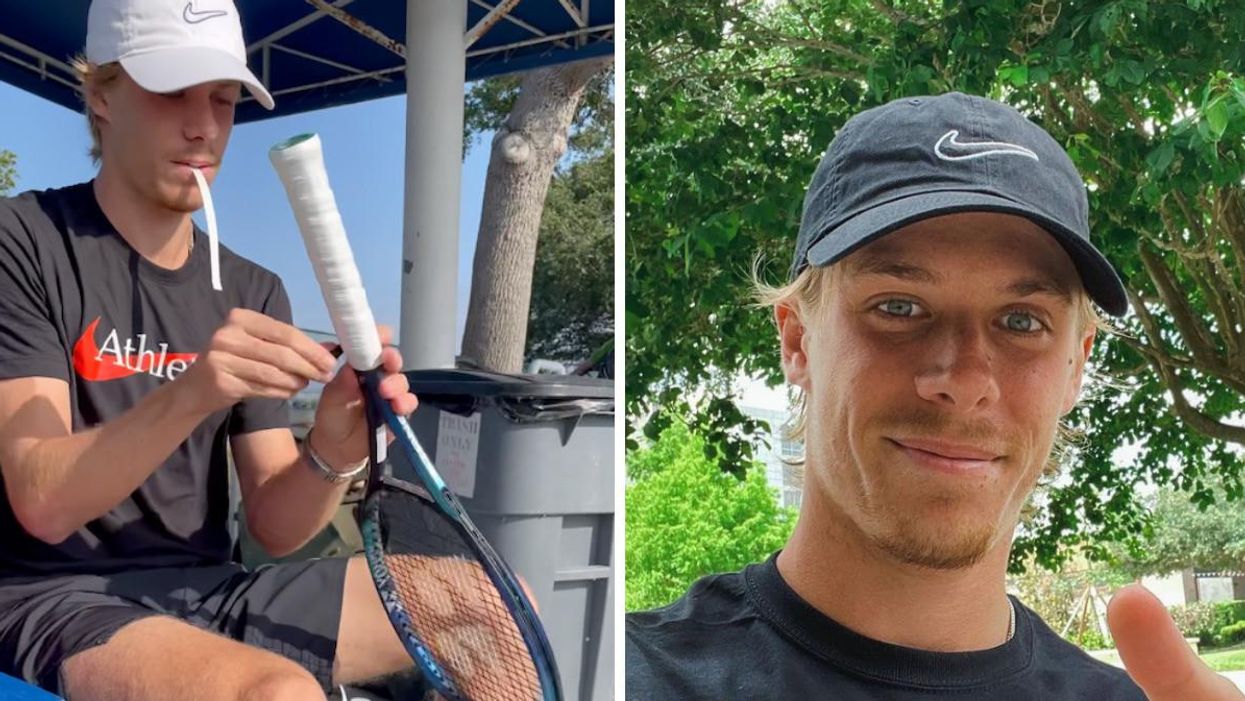 Denis Shapovalov fixing his racket. Right: Denis Shapovalov smiling.