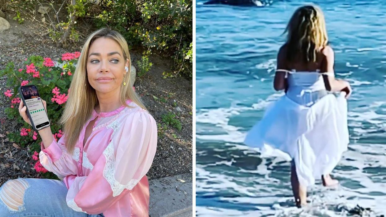 Denise Richards holding a phone. Right: Denise Richards walking into the ocean.