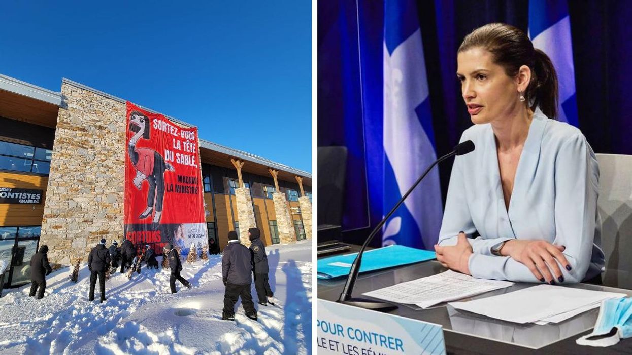 Déploiement d'une bannière lors d'une manifestation à Québec. Droite : la ministre Geneviève Guilbault.