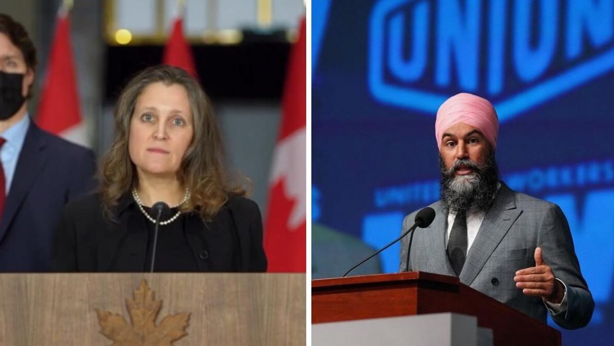Deputy Prime Minister Chrystia Freeland. Right: NDP Leader Jagmeet Singh.
