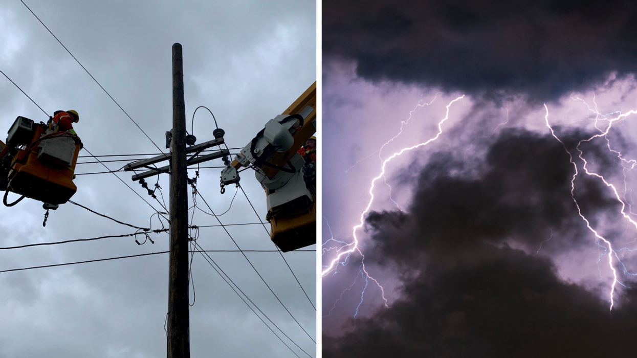 Des agents d'Hydro-Québec. Droite : Orages violents.