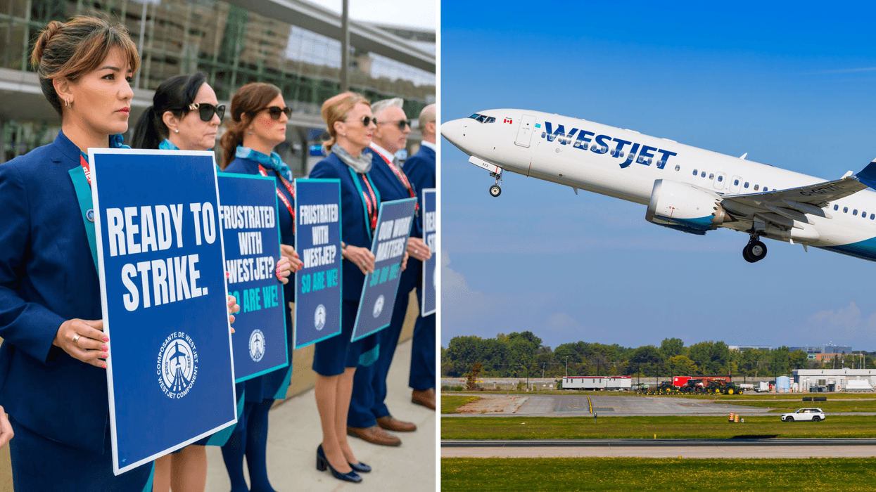 Des agents de bord de WestJet. Droite : Un avion WestJet.