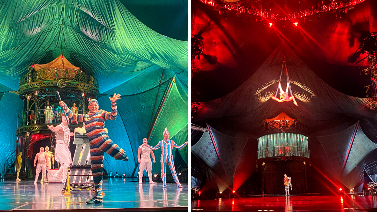 Des artistes du spectacle Kooza du Cirque du soleil dan une scène. Droite : Artiste debout sous les projecteurs rouges.