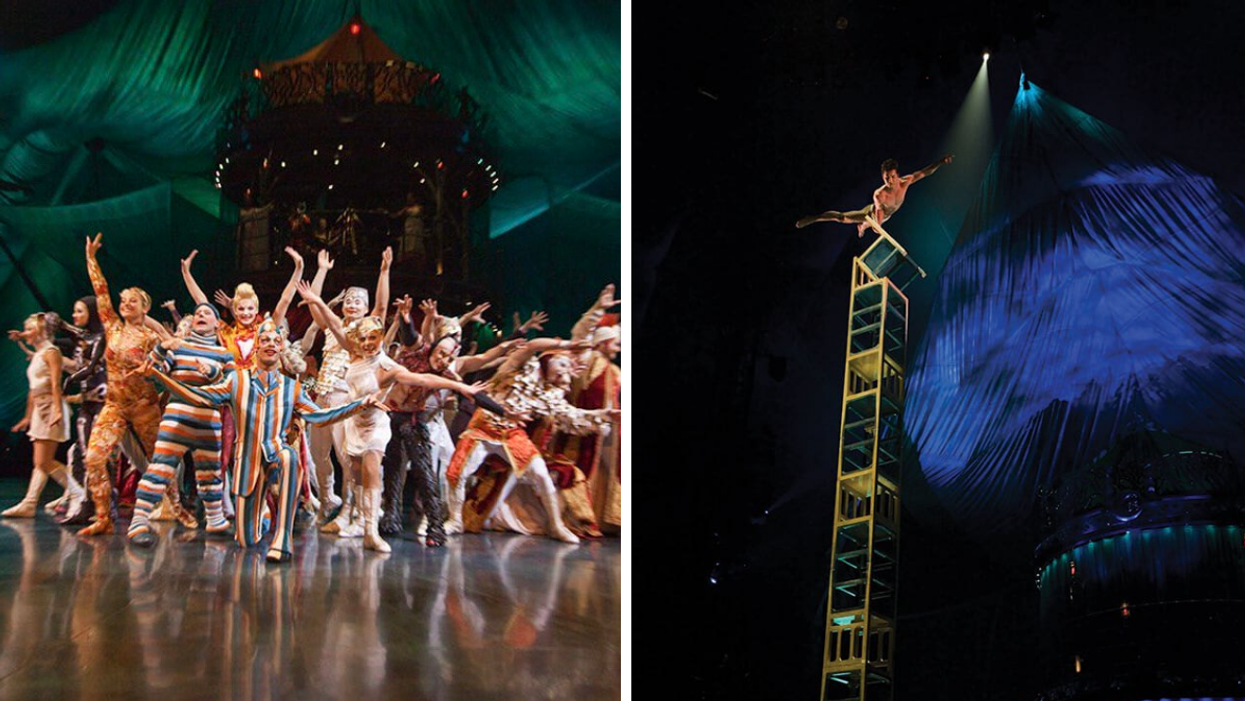 Des artistes performent le spectacle du Cirque du Soleil Kooza. Droite : Une personne fait des acrobaties au sommet d'une tour.