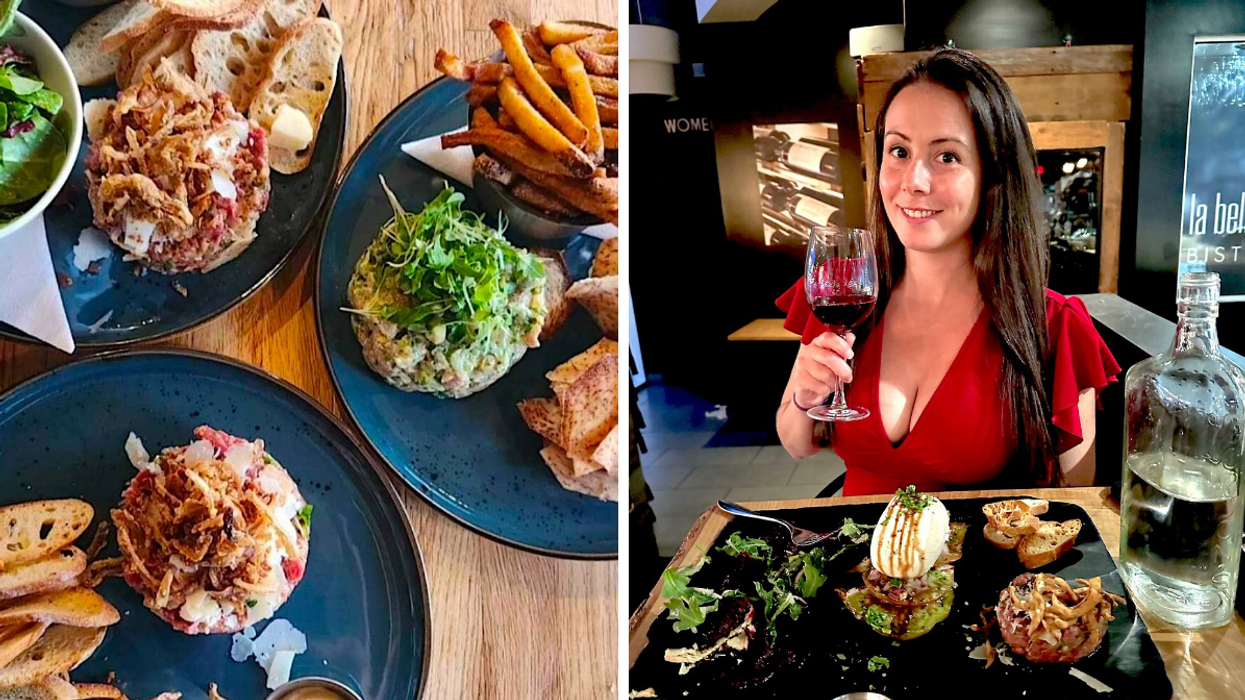 Des assiettes de tartare. Droite : Une personne qui mange devant une assiette de tartare.