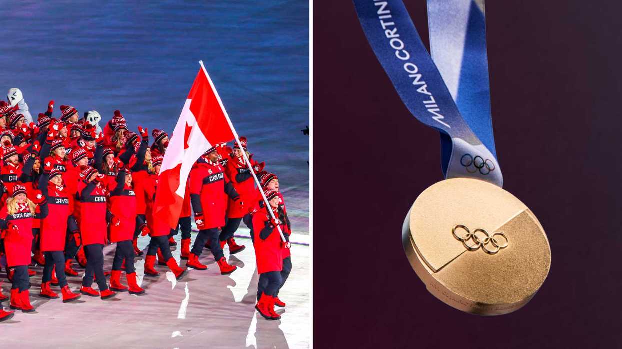Des athlètes canadiens aux Jeux olympiques. Droite : une médaille d'or pour les Jeux olympiques d'hiver 2026.