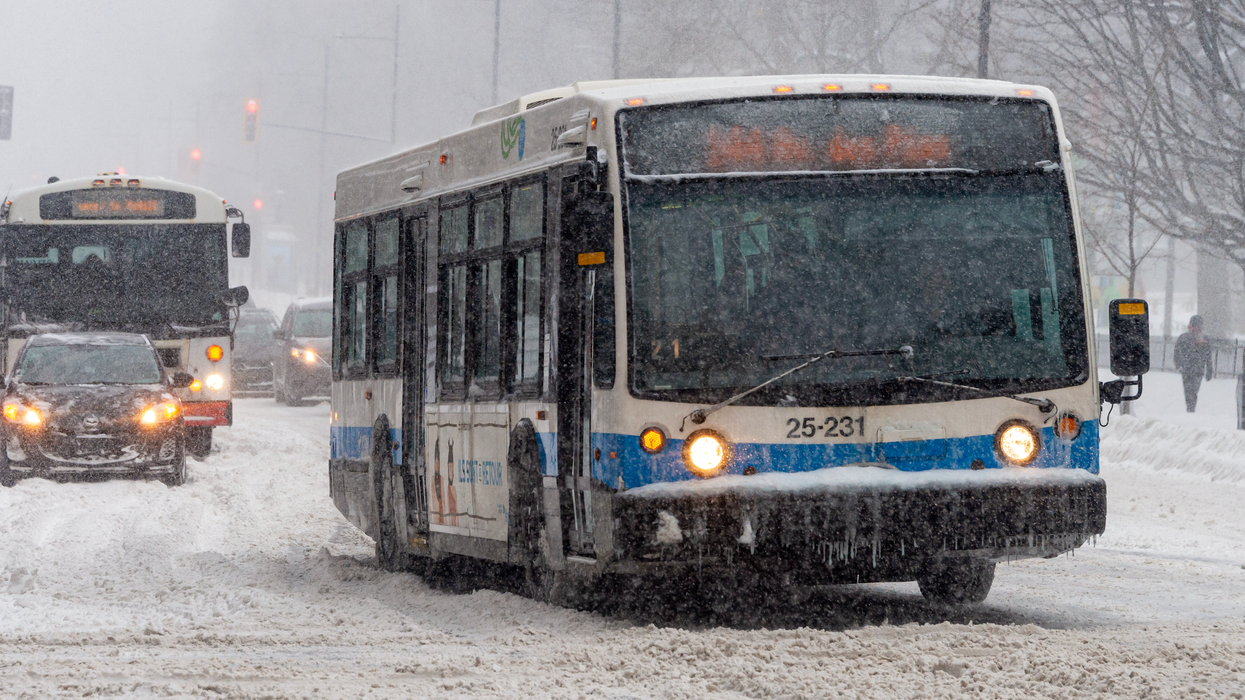 Des autobus enneigés et glacés de la STM circulent sur une rue enneigée.