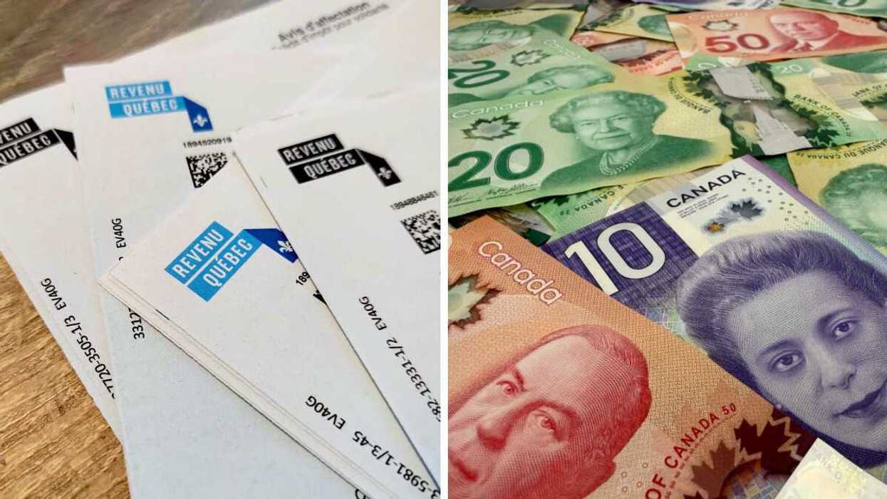 Des avis de Revenu Québec. Droite : De l'argent canadien.