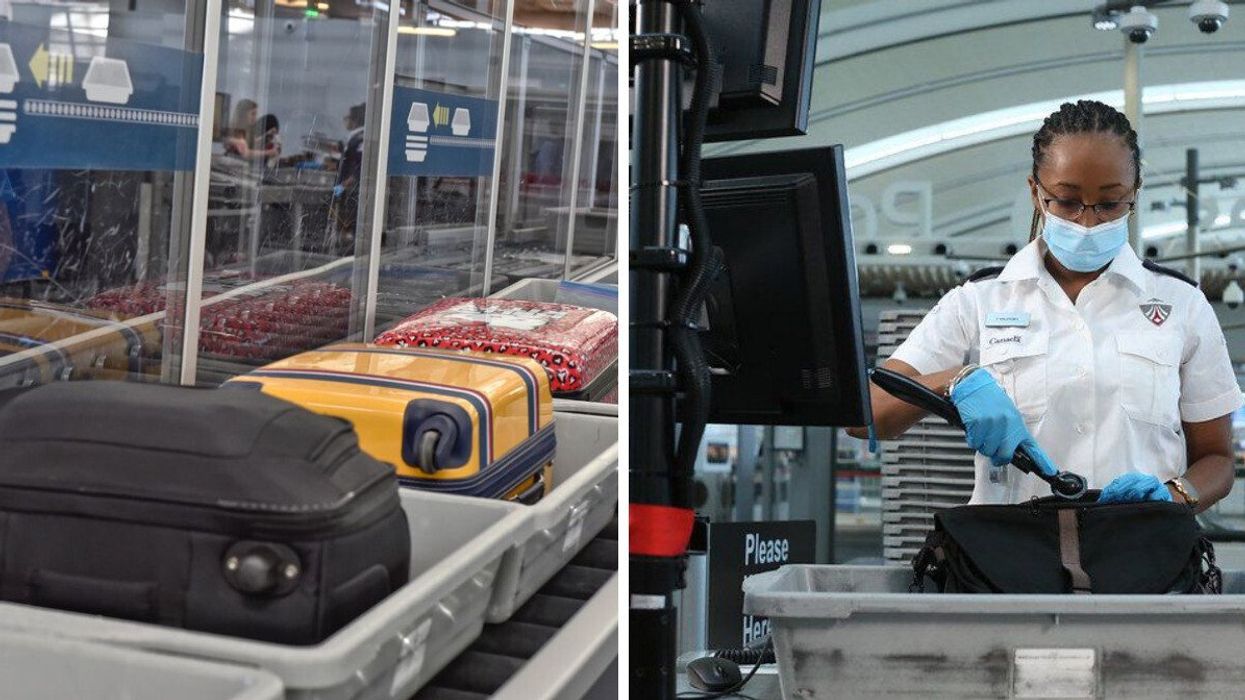Des bagages dans des bacs au contrôle de sécurité à l'aéroport. Droite : Une agente de l'ACSTA.