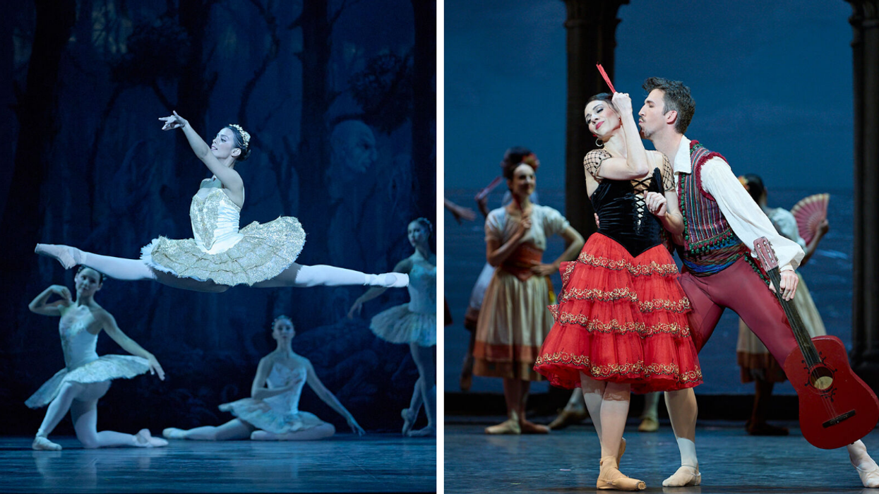 Des ballerines en costume blancs et dorés sur scène. Droite : Kitri et Basilio du ballet Don Quixote.