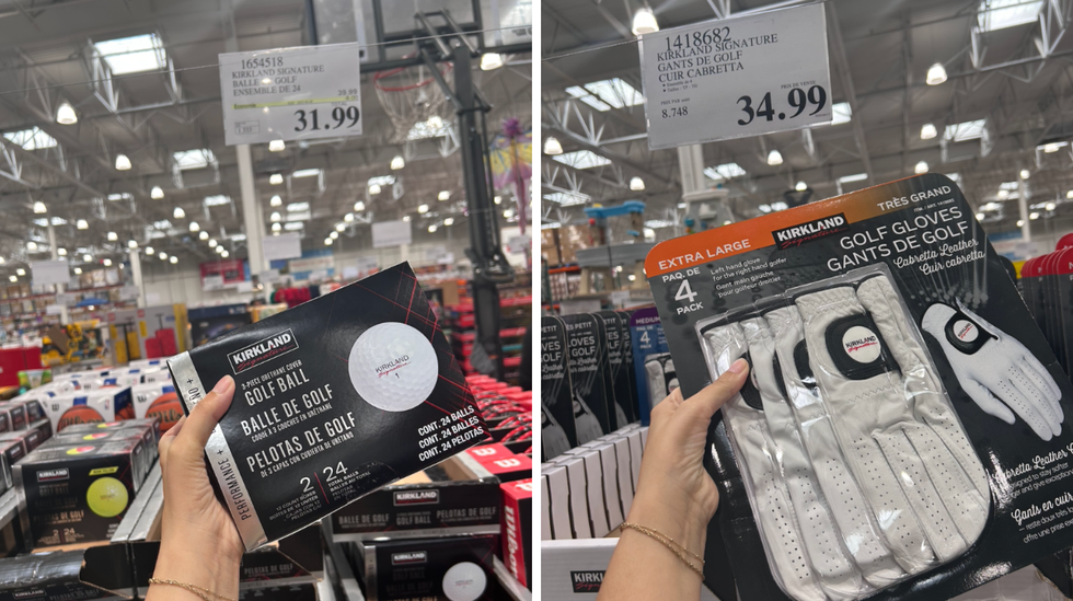 Des balles de golf Kirkland. Droite : Des gants de golf en cuir blanc.