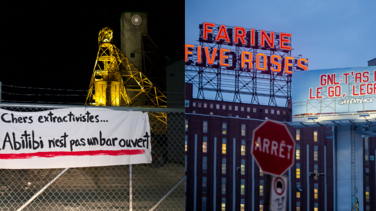 Des bannières Greenpeace contre le projet GNL et Legault tapissent le Québec