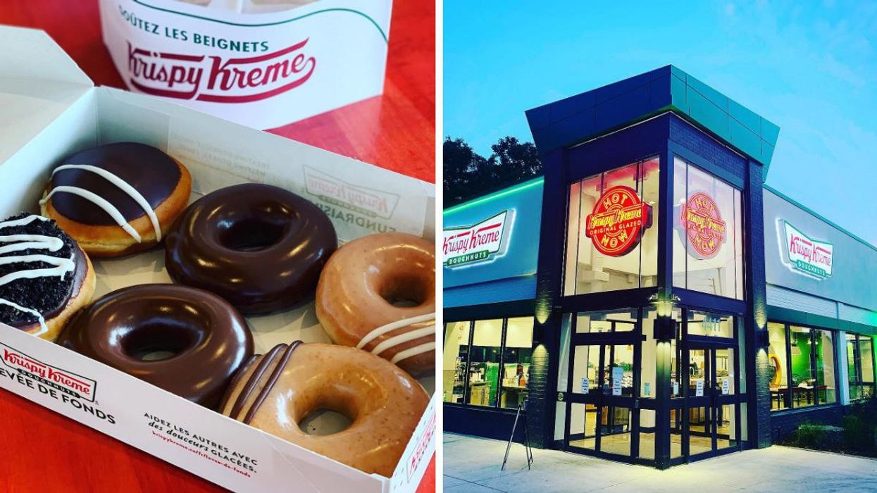 Des beignes du Krispy Kreme dans une boîte. Droite : Succursale Krispy Kreme.