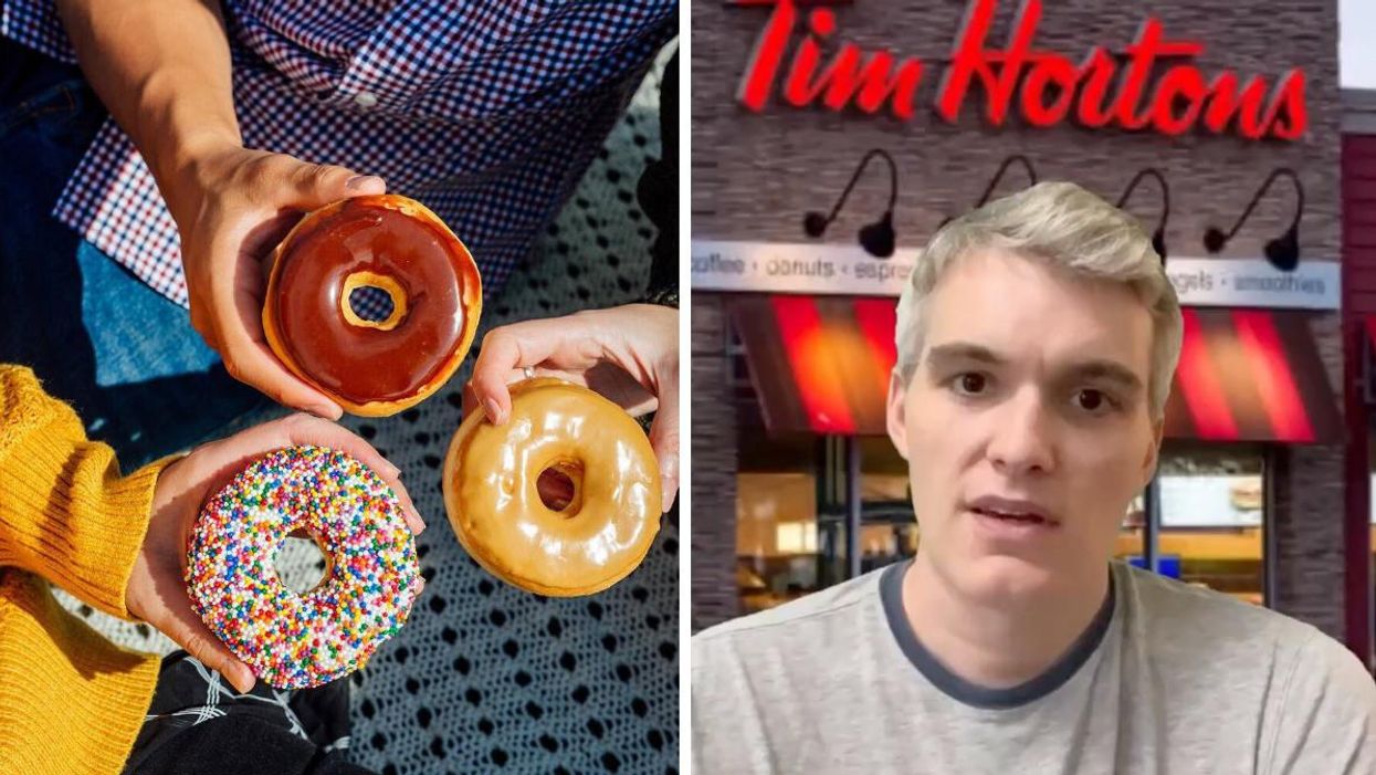 Des beignes du Tim Hortons. Droite : Jonathan Tillson donne son avis sur Tim Hortons.
